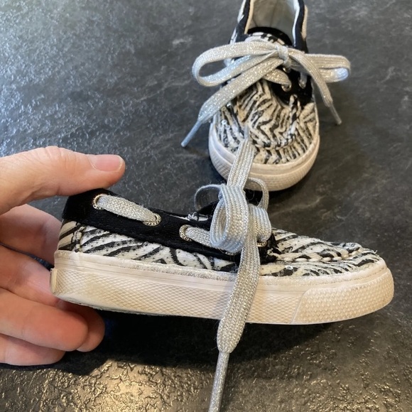 Girls baby Sperry Top-Sider Bahama black white striped sequins shoes size 5 - Picture 2 of 12